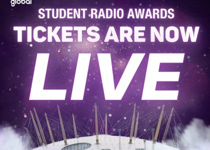 Poster saying "Student Radio Awards tickets are now live", with a picture of the O2 Arena against clouds and a purple sky